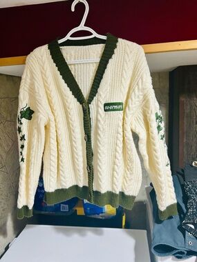 Taylor Swift Evermore Cream Cardigan with Dark Green Trim